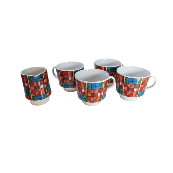 Vintage Schumann Arzberg Bavaria Germany Geometric Coffee Cups Creamer Mod 1970' - Picture 1 of 12